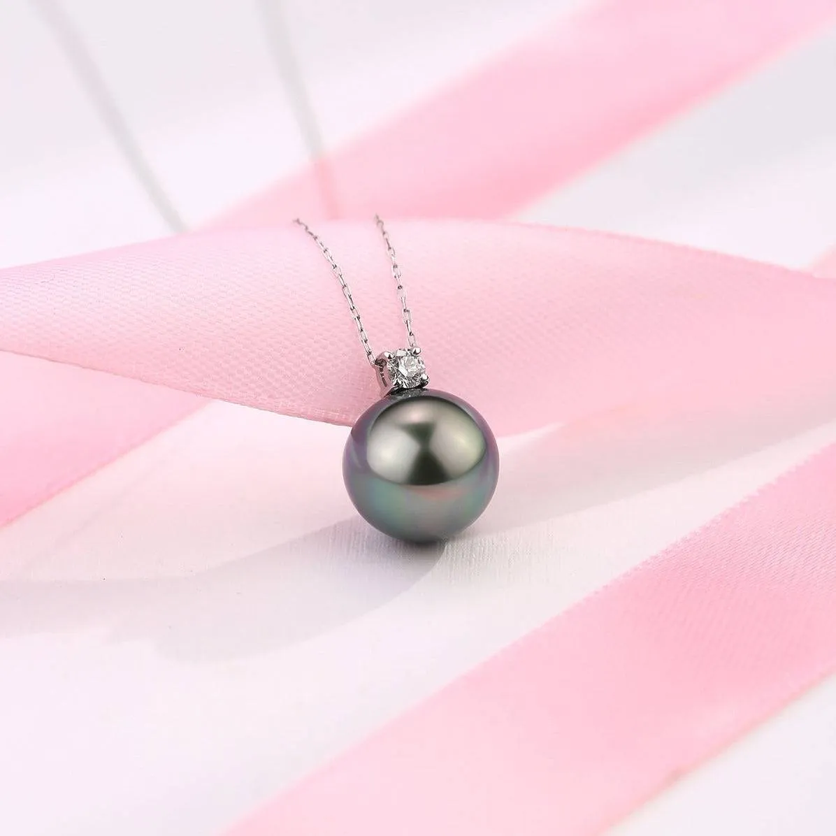 18K Pure Gold 10-12mm Tahitian Pearl & Sasha Diamond Pendant Necklace