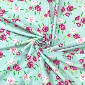 85cm Panel Pink Flowers & Polka Dots on Pale Blue Lycra Spandex Fabric