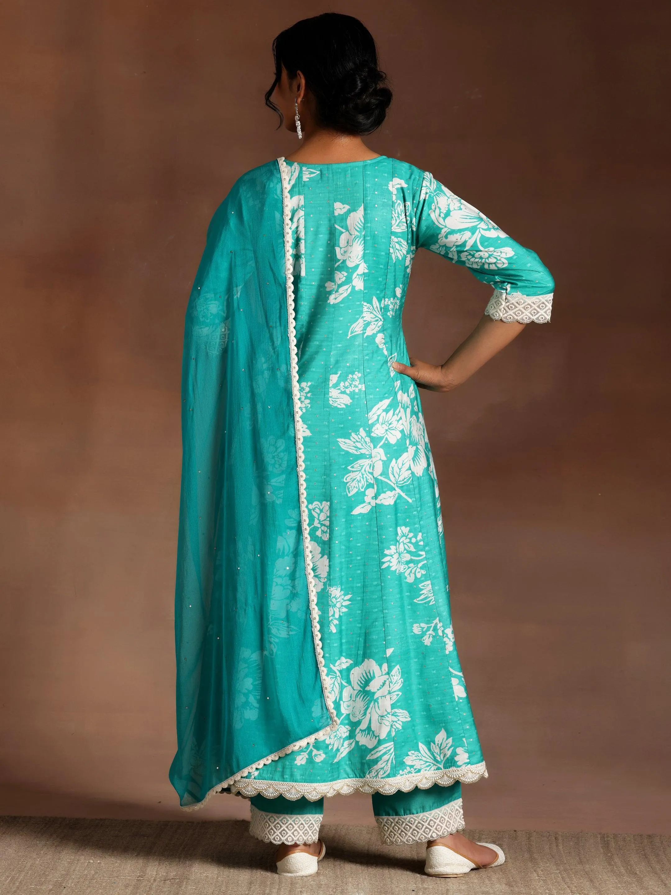 Abidaah Green Printed Silk Blend A-Line Kurta With Trousers & Dupatta