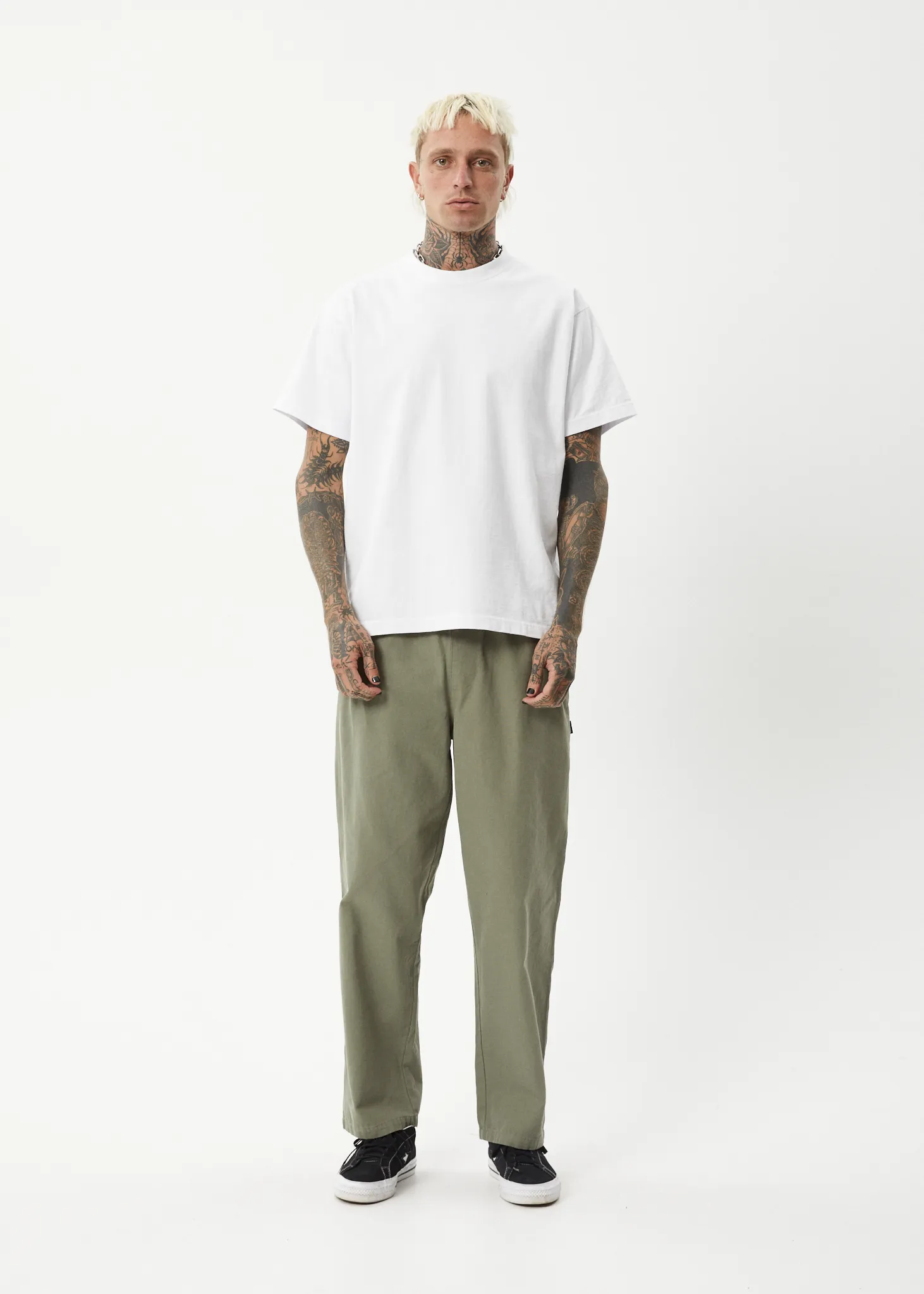 AFENDS Mens Ninety Eights - Baggy Elastic Waist Pants - Olive