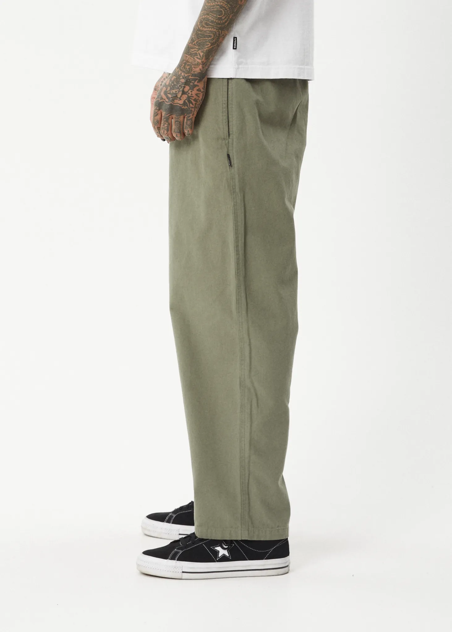 AFENDS Mens Ninety Eights - Baggy Elastic Waist Pants - Olive