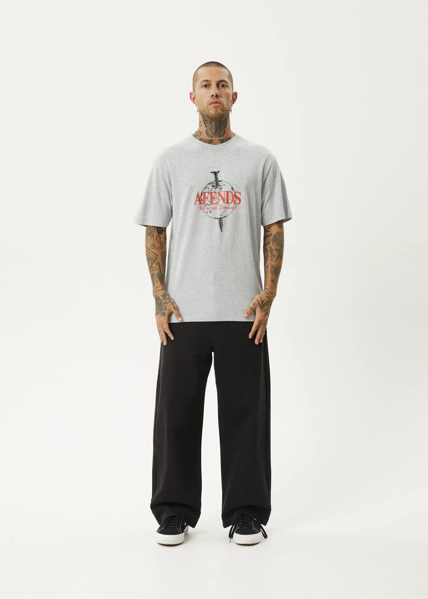 AFENDS Mens Screwed - Retro Fit Tee - Shadow Grey Marle