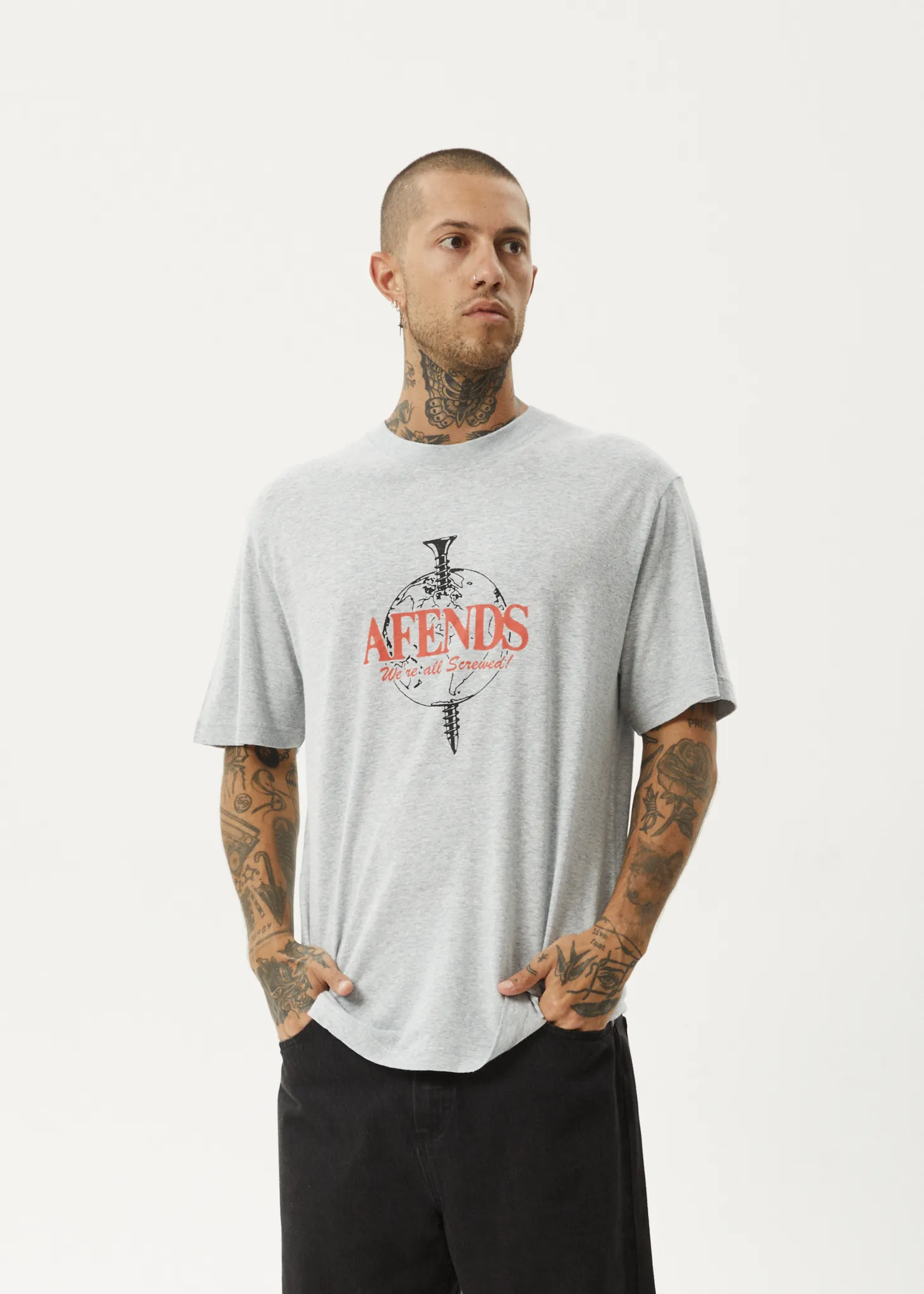 AFENDS Mens Screwed - Retro Fit Tee - Shadow Grey Marle