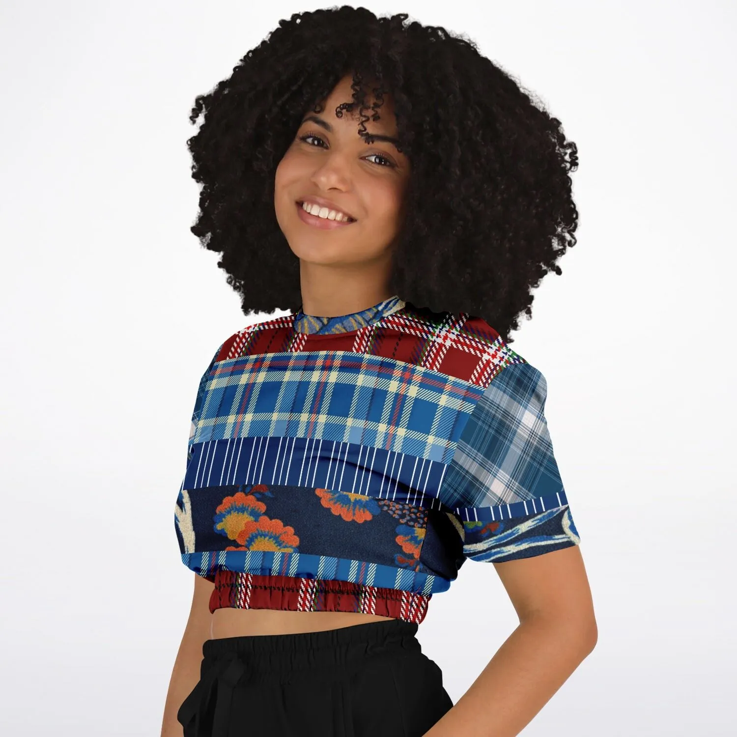 Andromeda Blue Plaid Short Sleeve Cropped Eco-Poly Sweater