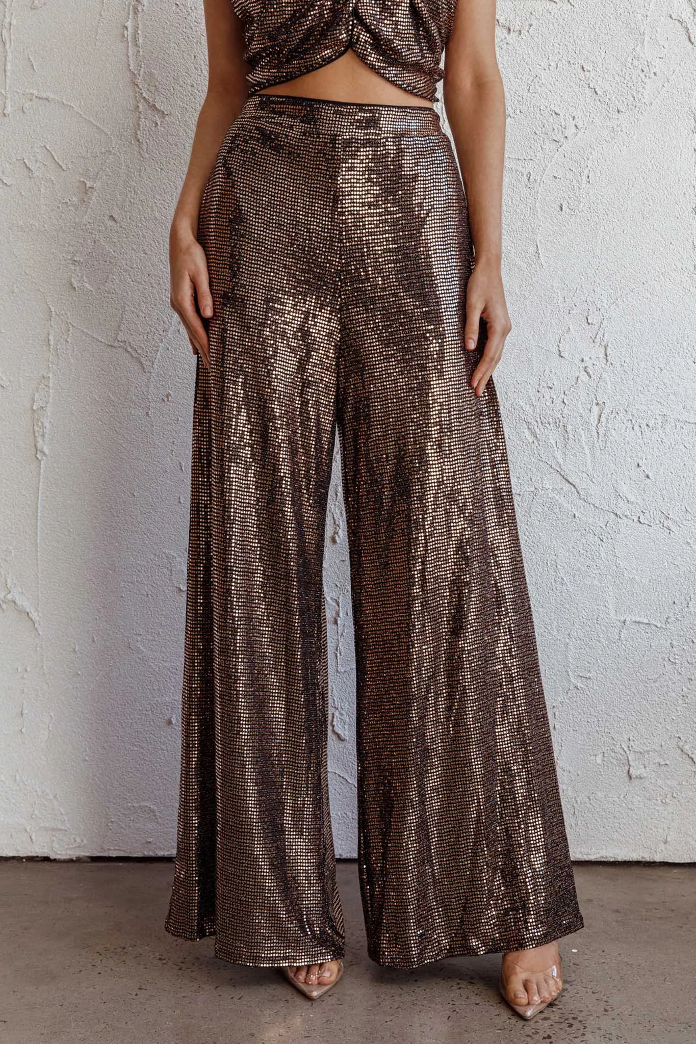 Anything Goes Wide Leg Metallic Pants Gold