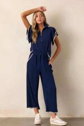 Anytime Now Navy Blanket Stitch Wide Leg Pants