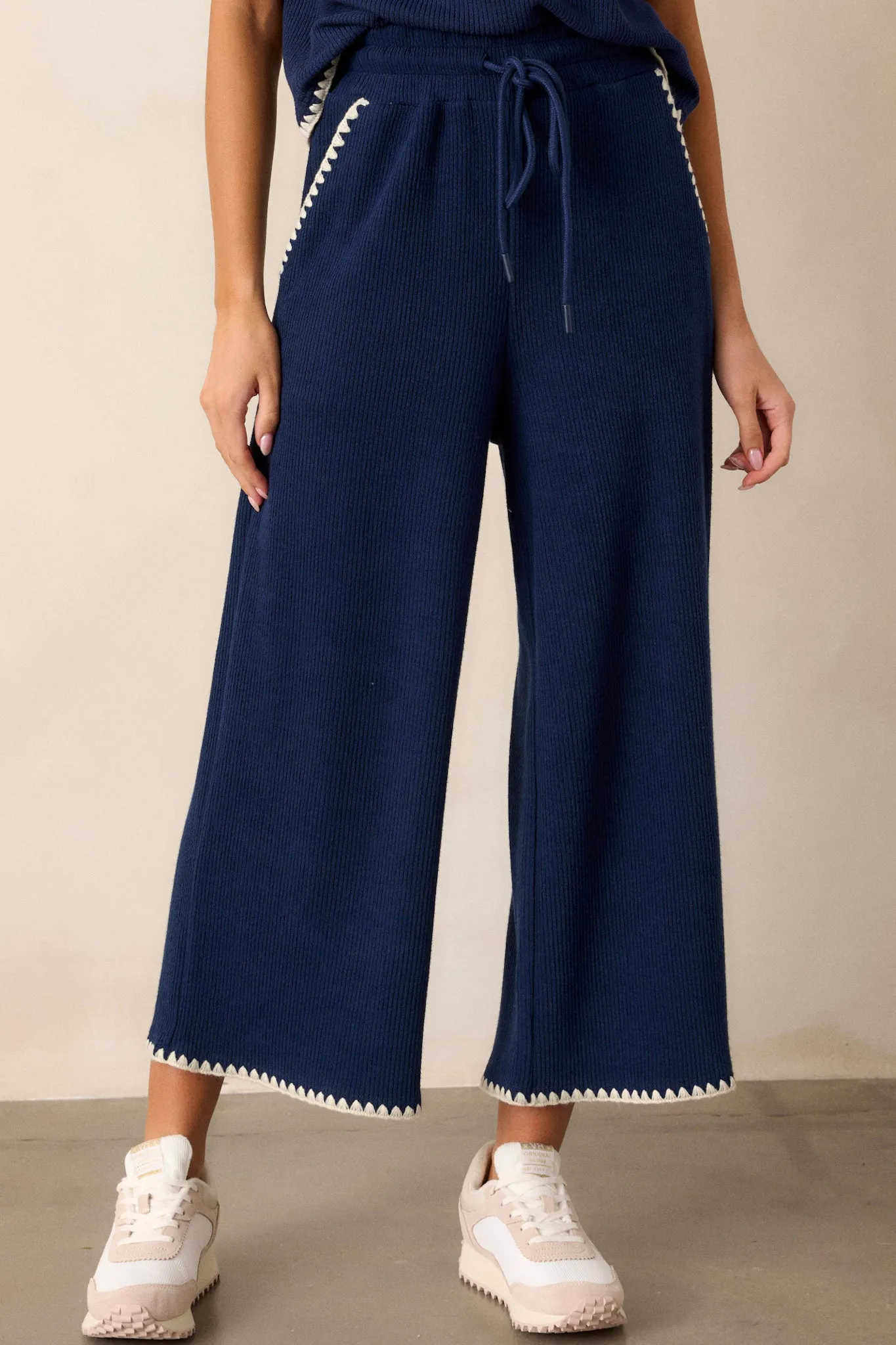 Anytime Now Navy Blanket Stitch Wide Leg Pants