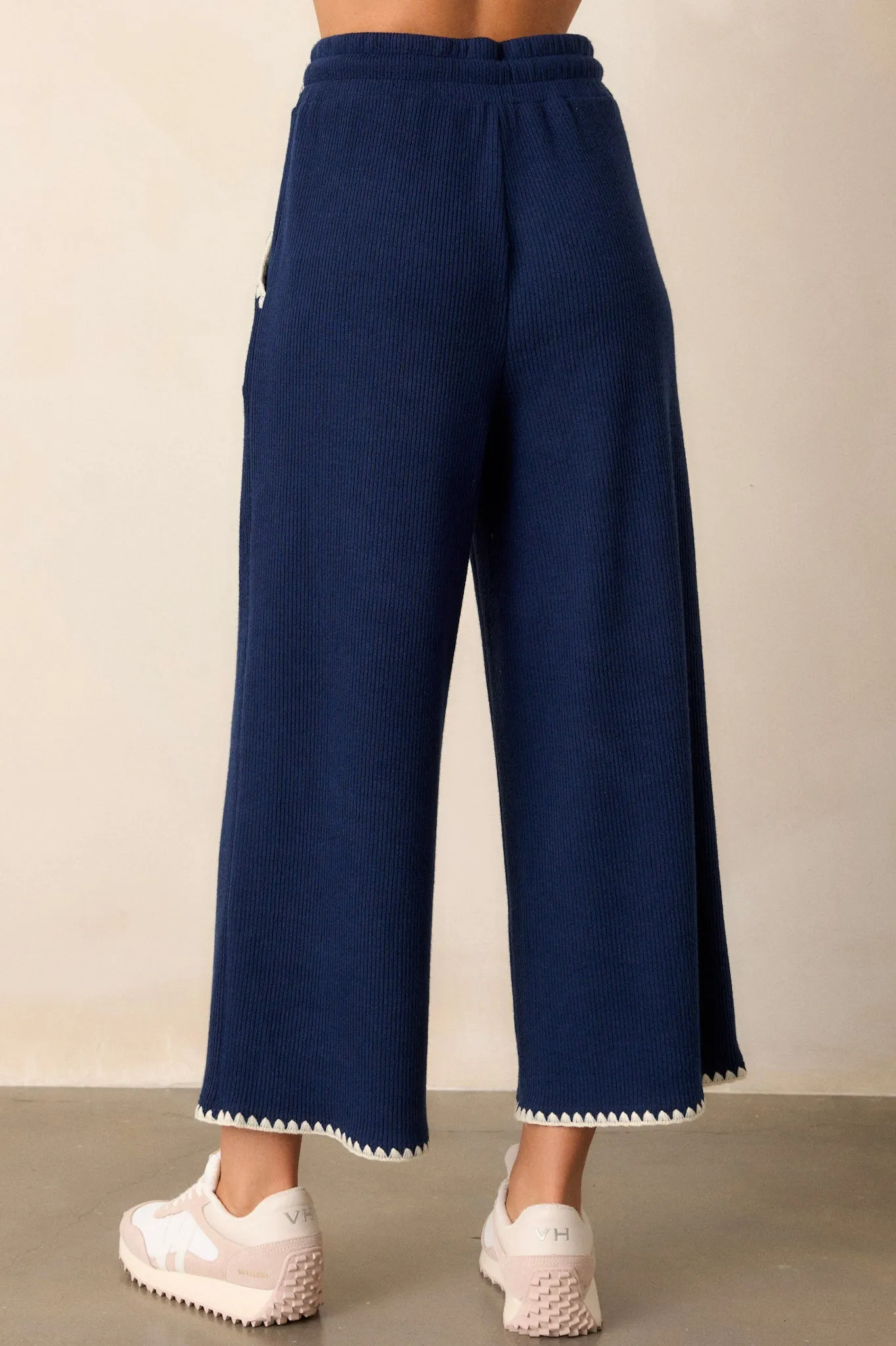 Anytime Now Navy Blanket Stitch Wide Leg Pants