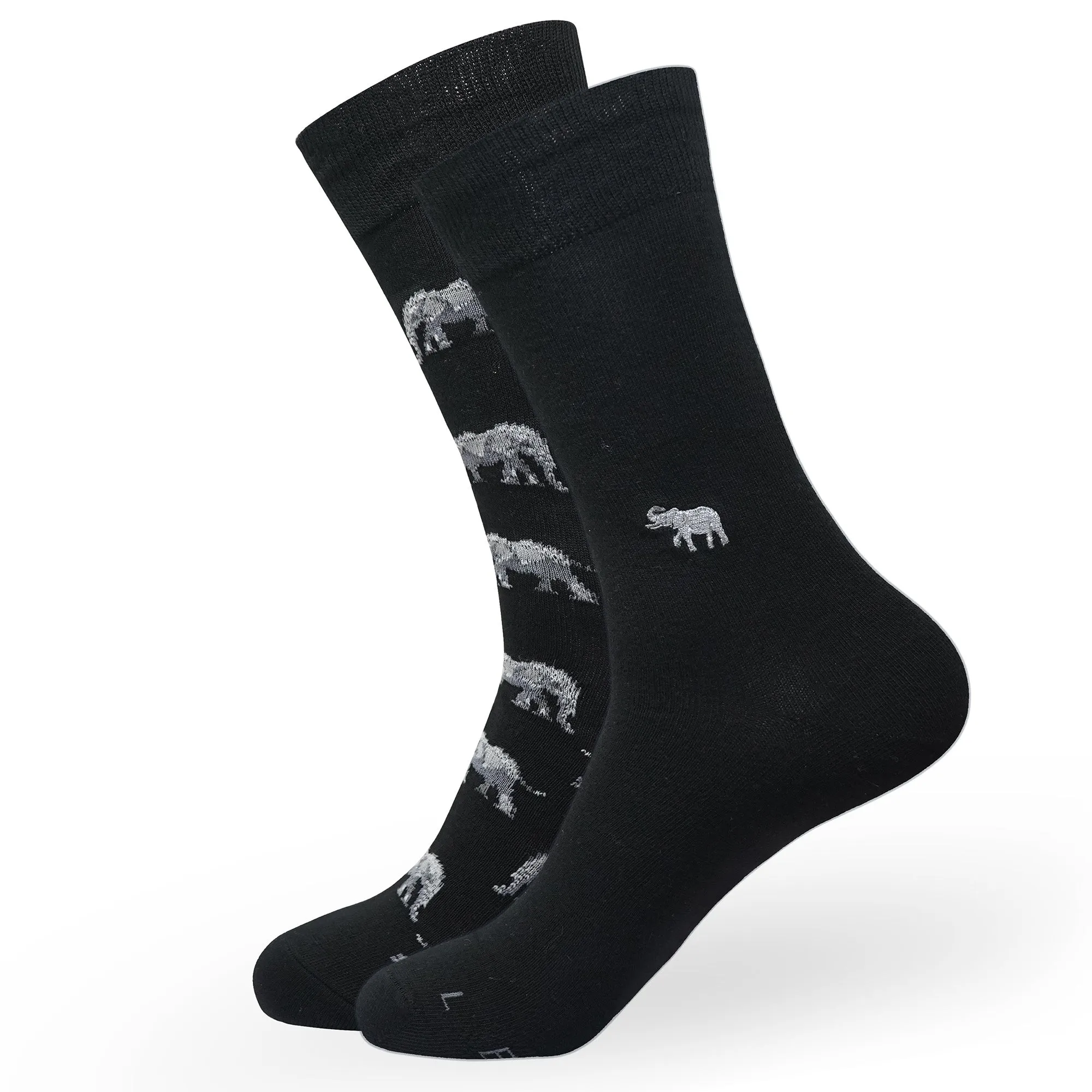 BALENZIA MEN'S WWF-INDIA BLACK FORMAL CREW SOCKS | 2-PACK | ELEPHANT PRINT & EMBROIDERY | FREE SIZE