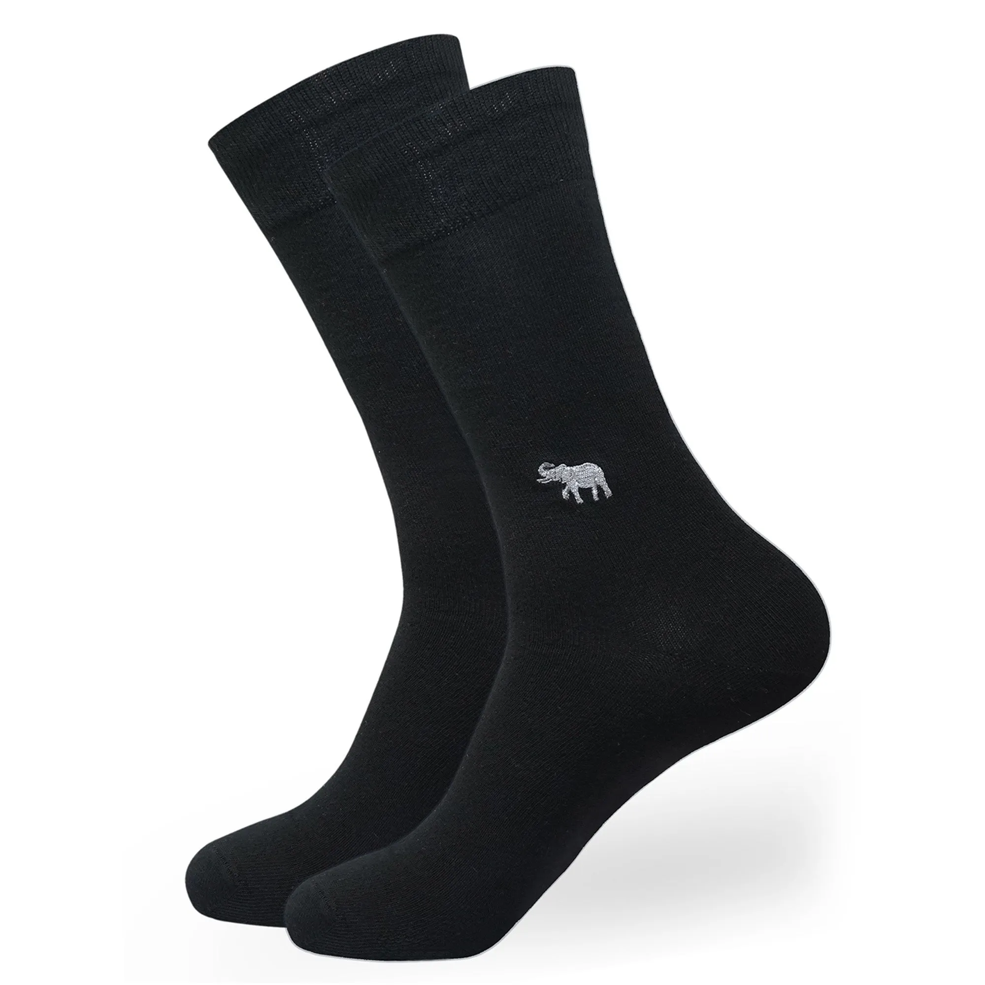 BALENZIA MEN'S WWF-INDIA BLACK FORMAL CREW SOCKS | 2-PACK | ELEPHANT PRINT & EMBROIDERY | FREE SIZE