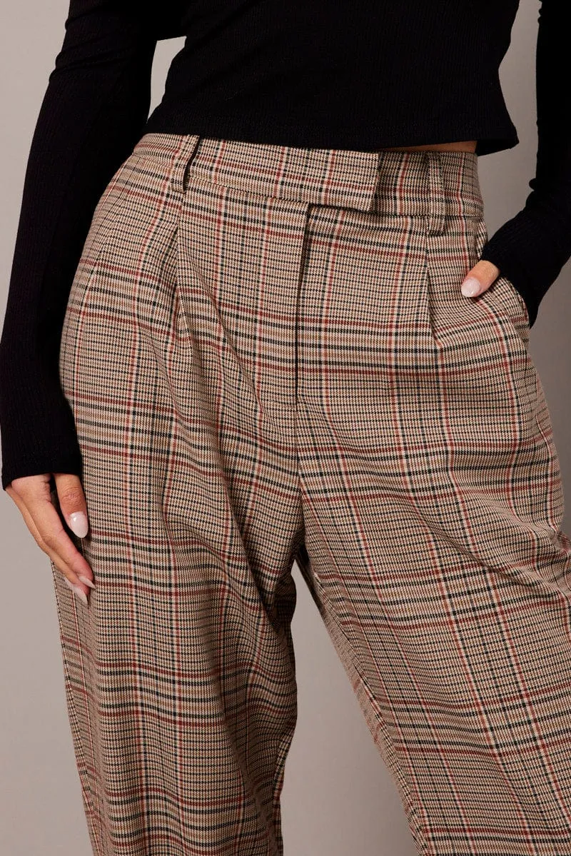 Beige Check Tapered Pants High Rise