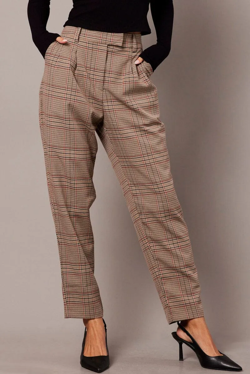 Beige Check Tapered Pants High Rise