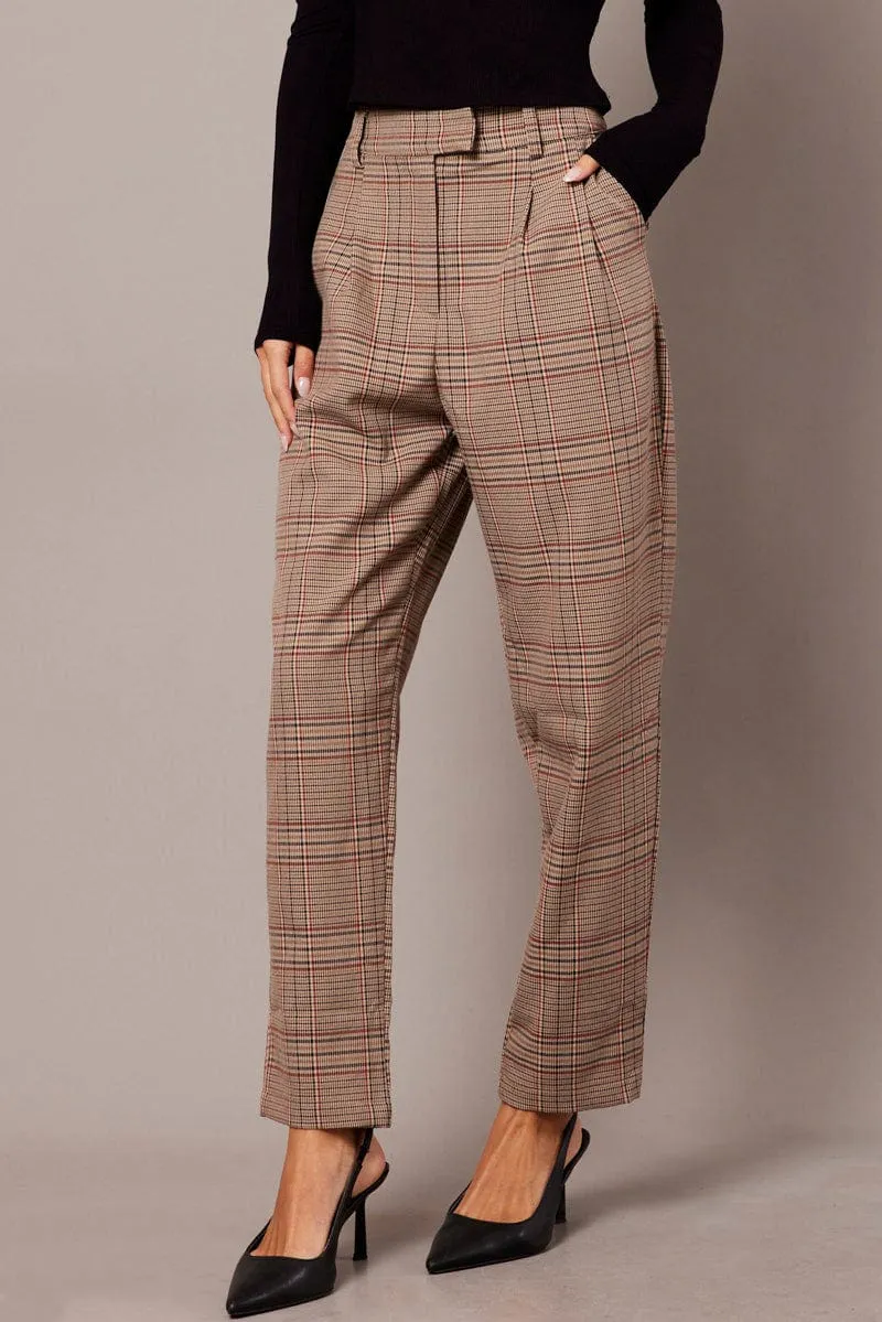 Beige Check Tapered Pants High Rise