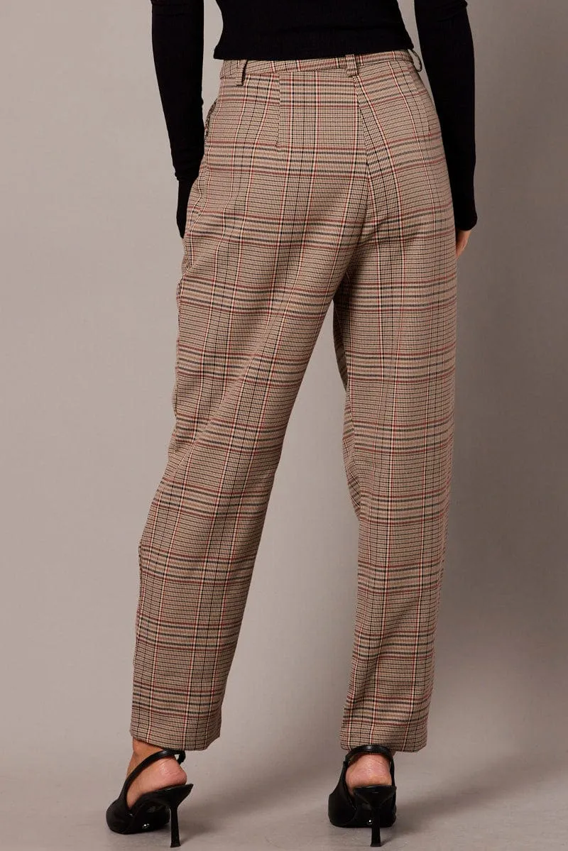 Beige Check Tapered Pants High Rise