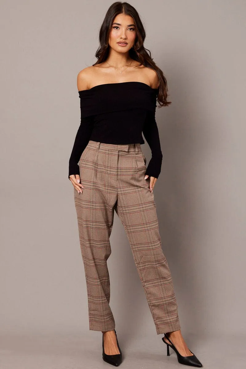 Beige Check Tapered Pants High Rise