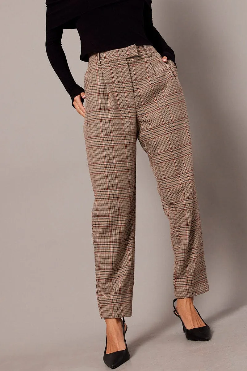 Beige Check Tapered Pants High Rise