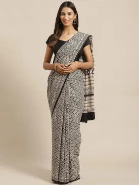 Beige Printed Cotton Saree