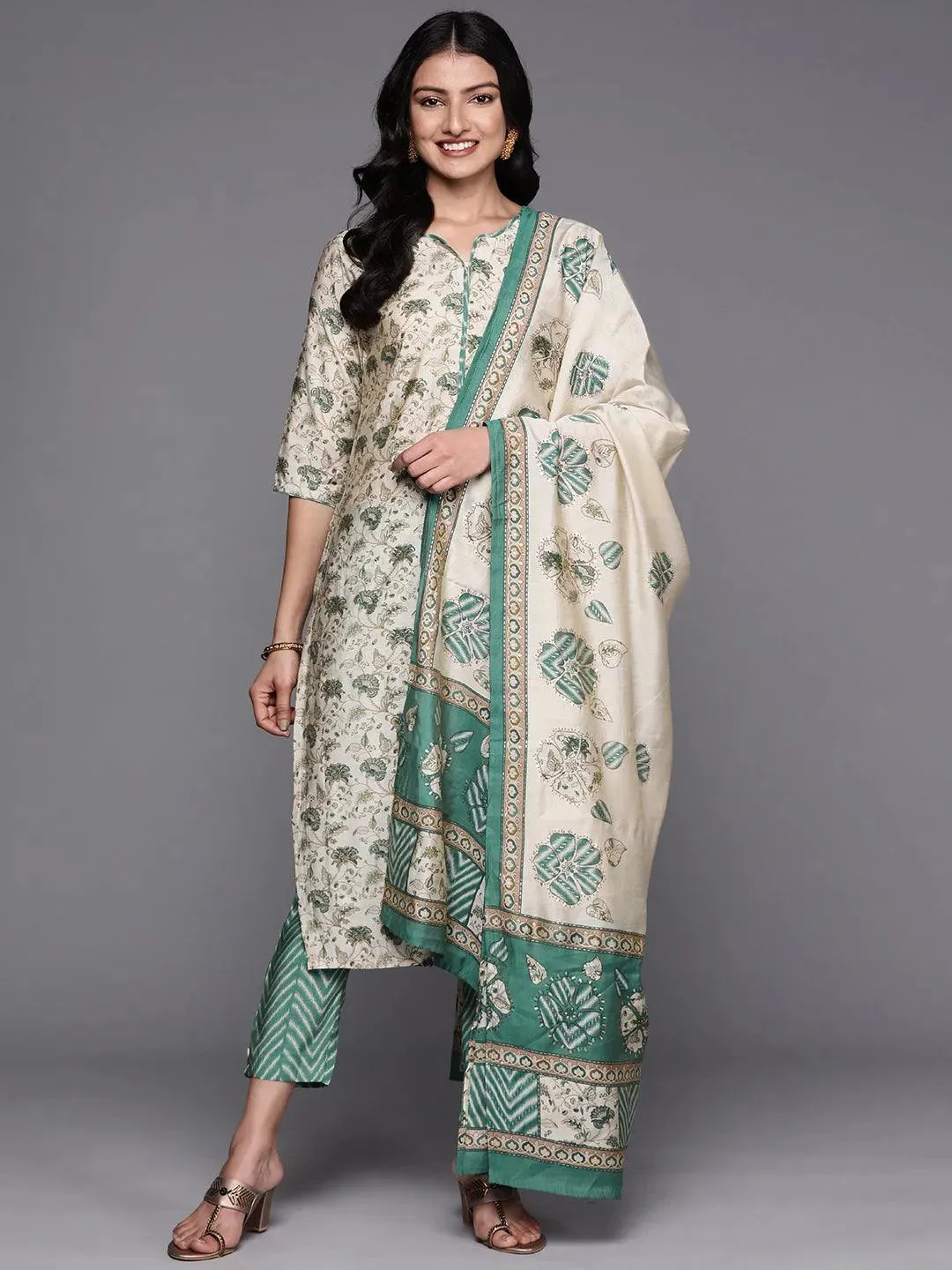 Beige Printed Silk Blend Straight Kurta With Trousers & Dupatta