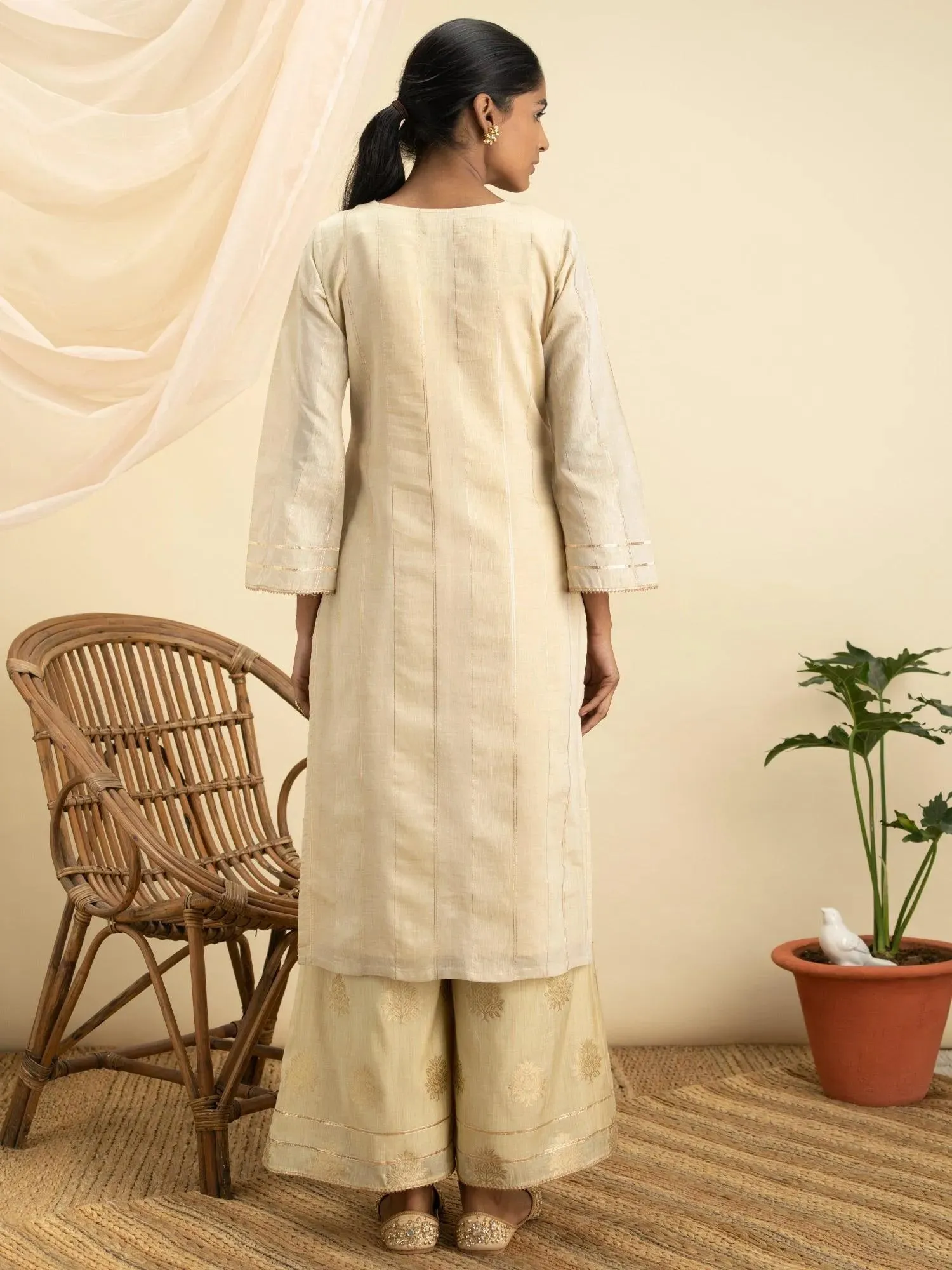 Beige Self Design Chanderi Silk Straight Kurta With Palazzos