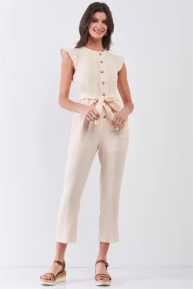 Beige Sleeveless Stylized Button-Down Front Detail Self-Tie Waist Capri Cotton Jumpsuit /3-2-1