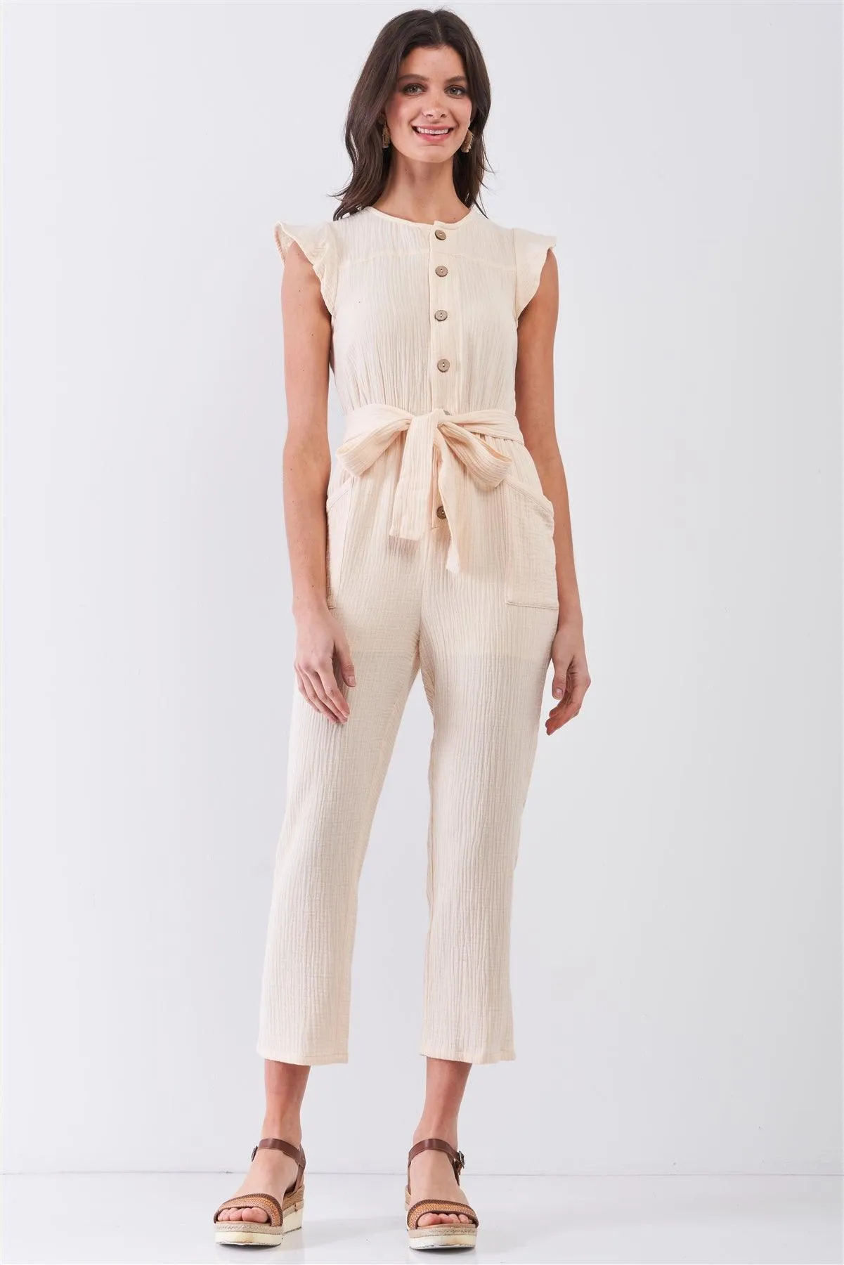 Beige Sleeveless Stylized Button-Down Front Detail Self-Tie Waist Capri Cotton Jumpsuit /3-2-1