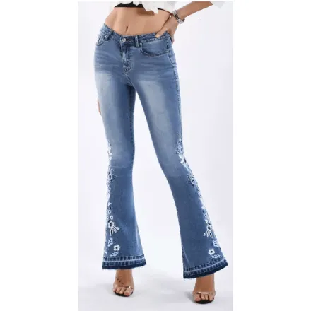 Bell Bottom Stretch Jeans with Floral Embroidery