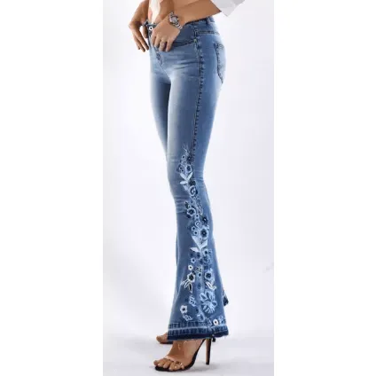 Bell Bottom Stretch Jeans with Floral Embroidery