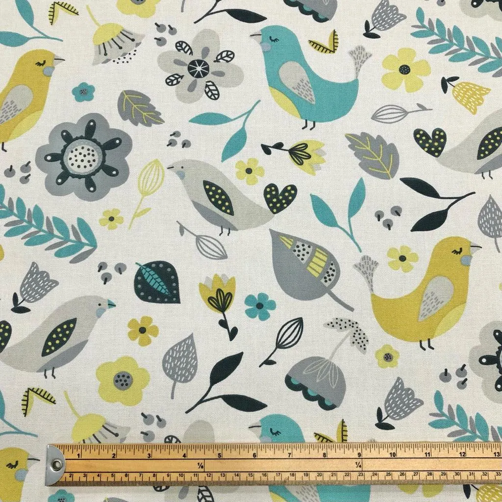 Birds and Flowers on Ivory Panama Fabric