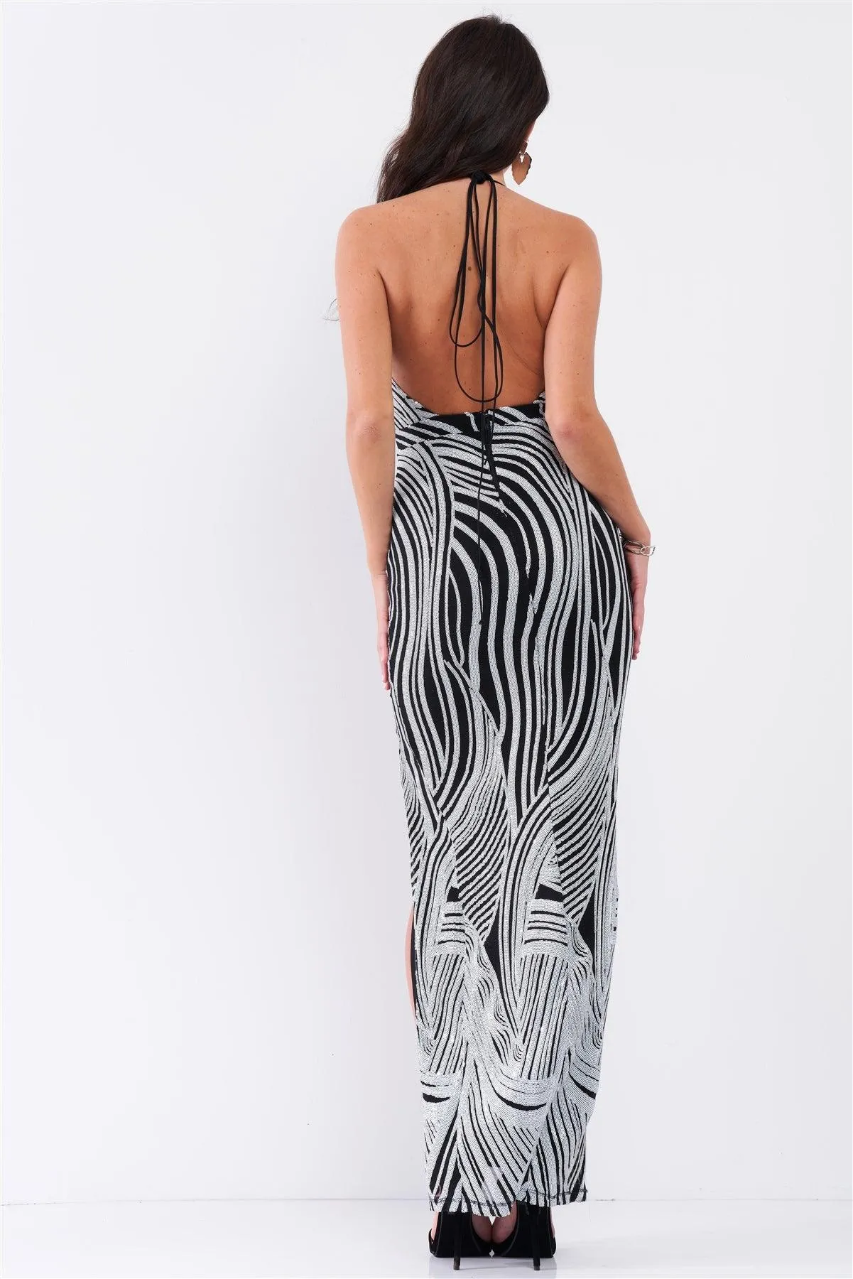 Black & White Sequin Sleeveless Deep Plunge Halter V-Neck Side Slit Detail Slim Maxi Dress /3-2-1