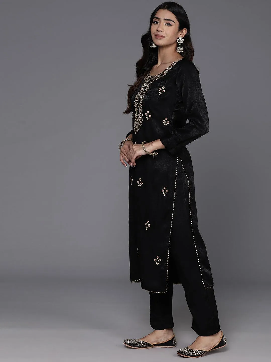 Black Embroidered Polyester Straight Kurta Set