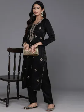 Black Embroidered Polyester Straight Kurta Set