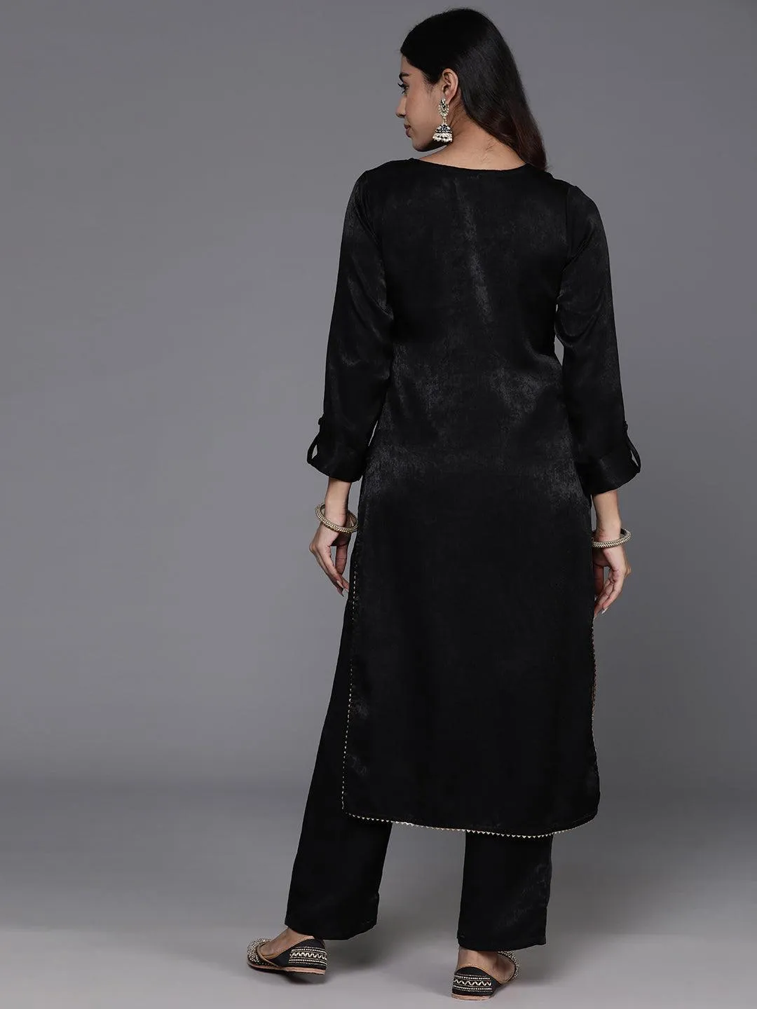 Black Embroidered Polyester Straight Kurta Set