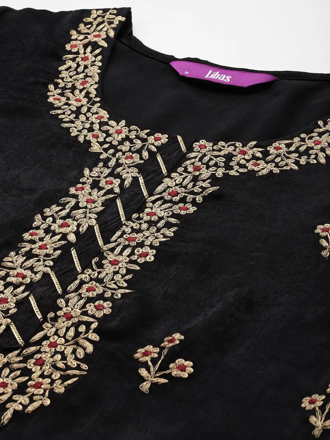 Black Embroidered Polyester Straight Kurta Set