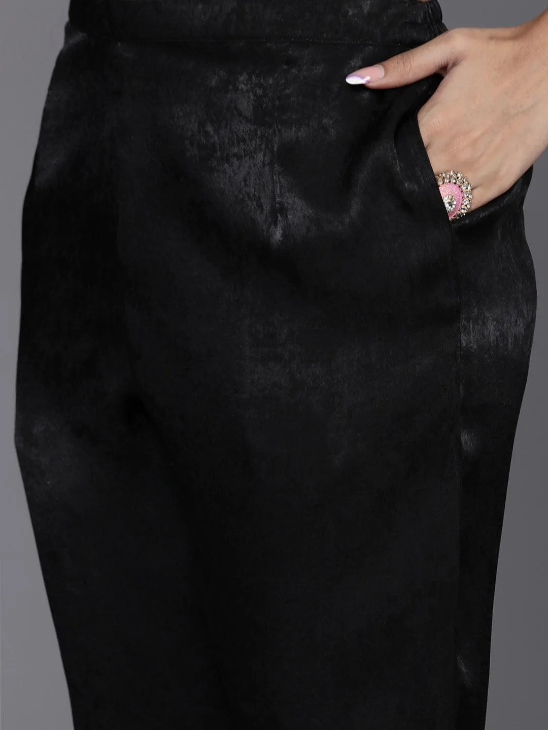 Black Embroidered Polyester Straight Kurta Set