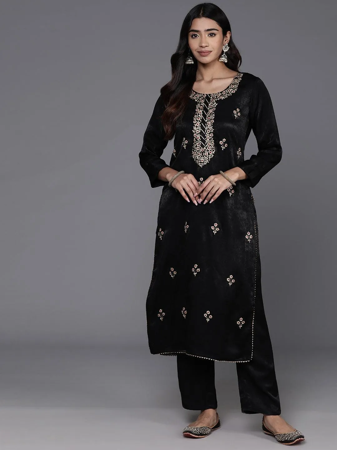 Black Embroidered Polyester Straight Kurta Set