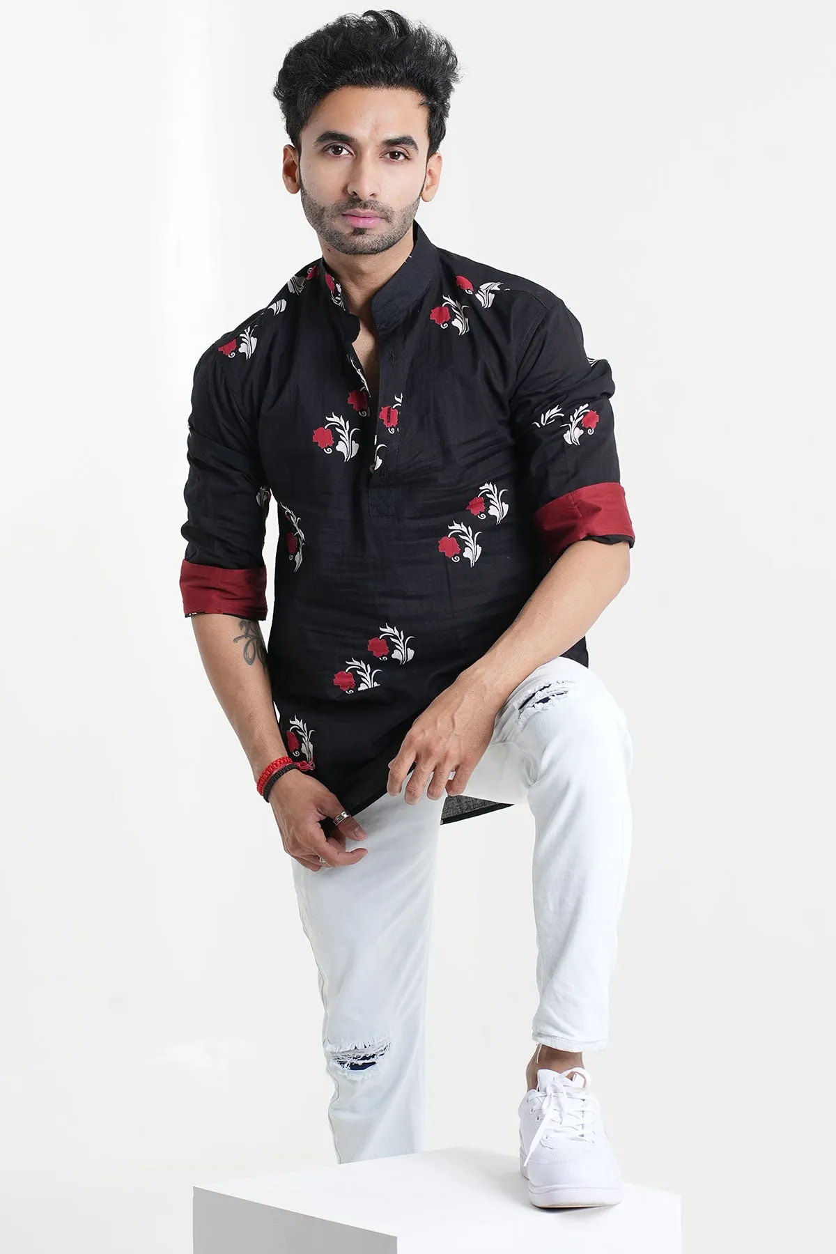 Black Red Flower Cotton Trendy Short Kurta | Style Matters