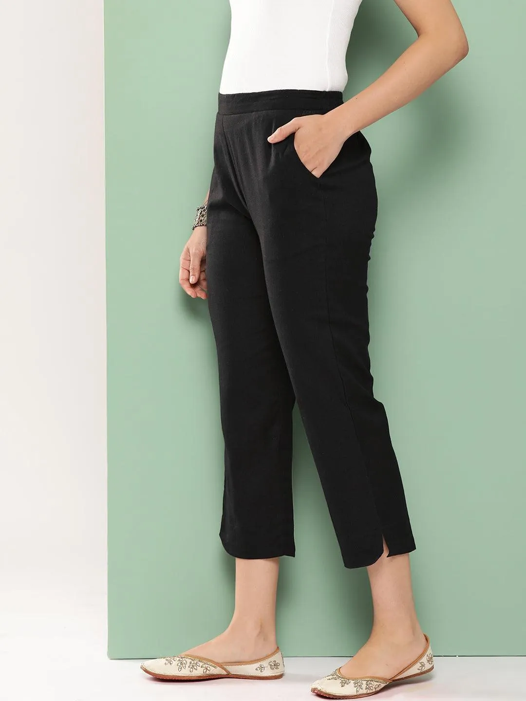 Black Solid Cotton Trousers