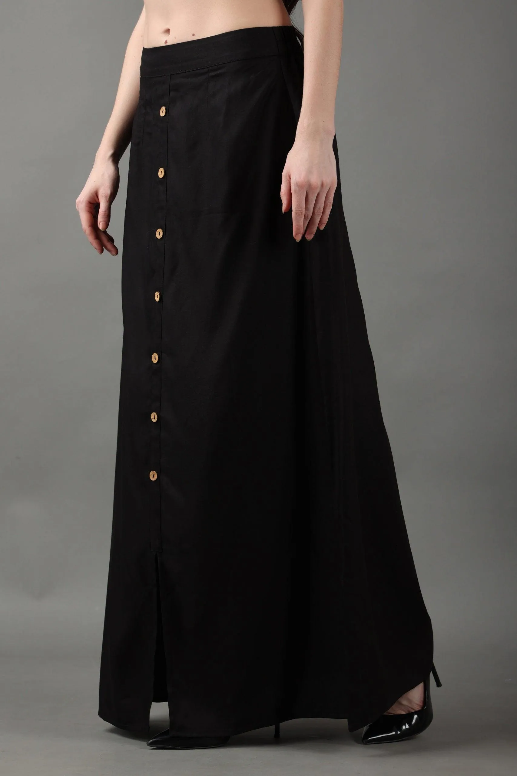 Black Solid Skirt with Buttons