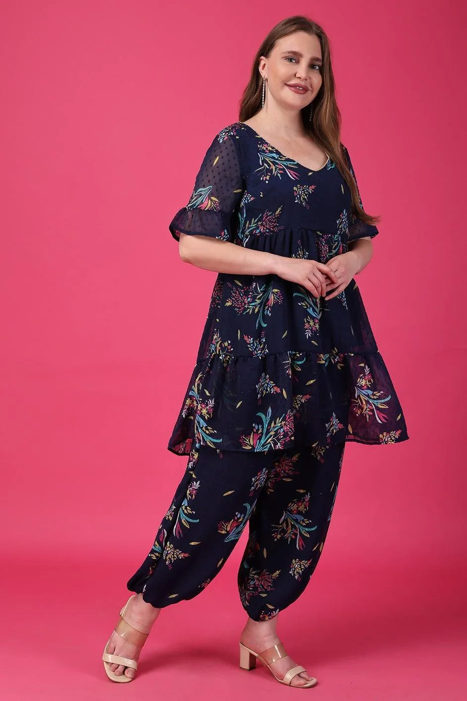 Blue Floral Dobby Printed Co-ord Set