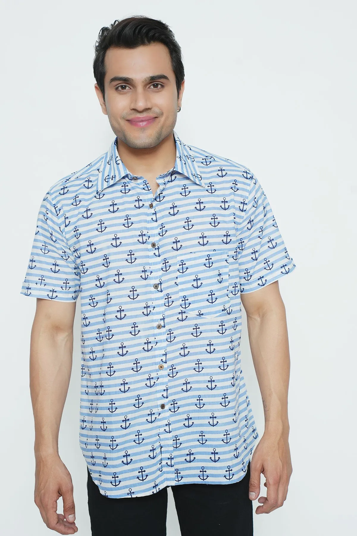 Blue Ship Anchor Print Cotton Shirt, Half Sleeves | Style Matters