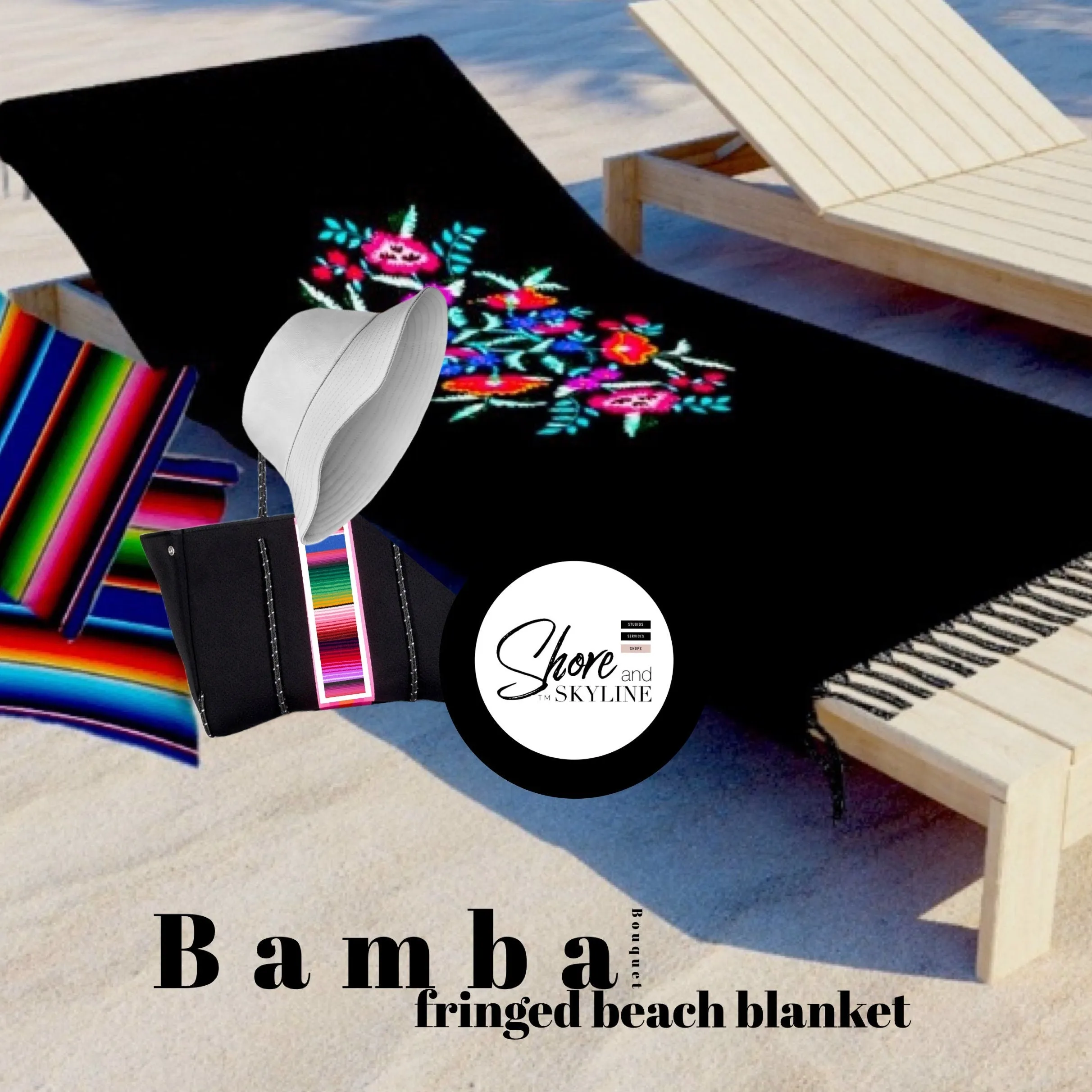 Boho beach blanket fringed wrap pool towel cover-up XL 6.5 ft black Bamba floral Serape  stripes or pearl   cabana stripes