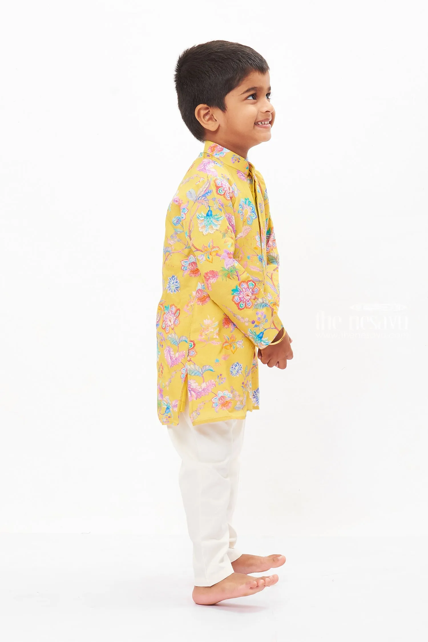 Boys Festive Floral Kurta and White Pant Set - Celebrate Diwali with Style