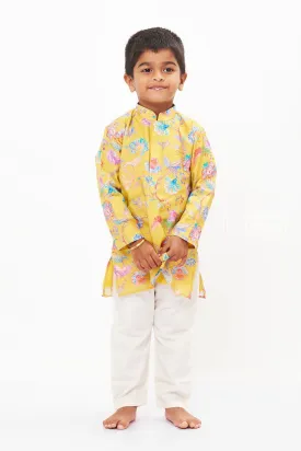 Boys Festive Floral Kurta and White Pant Set - Celebrate Diwali with Style