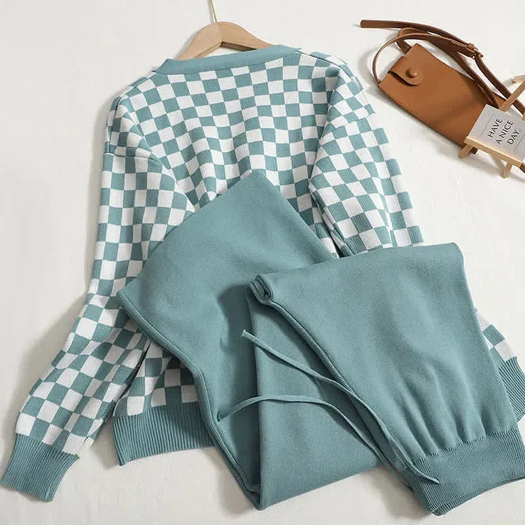 Casual Elegance V-Neck Lattice Print Sweater and Wide-Leg Pants Set