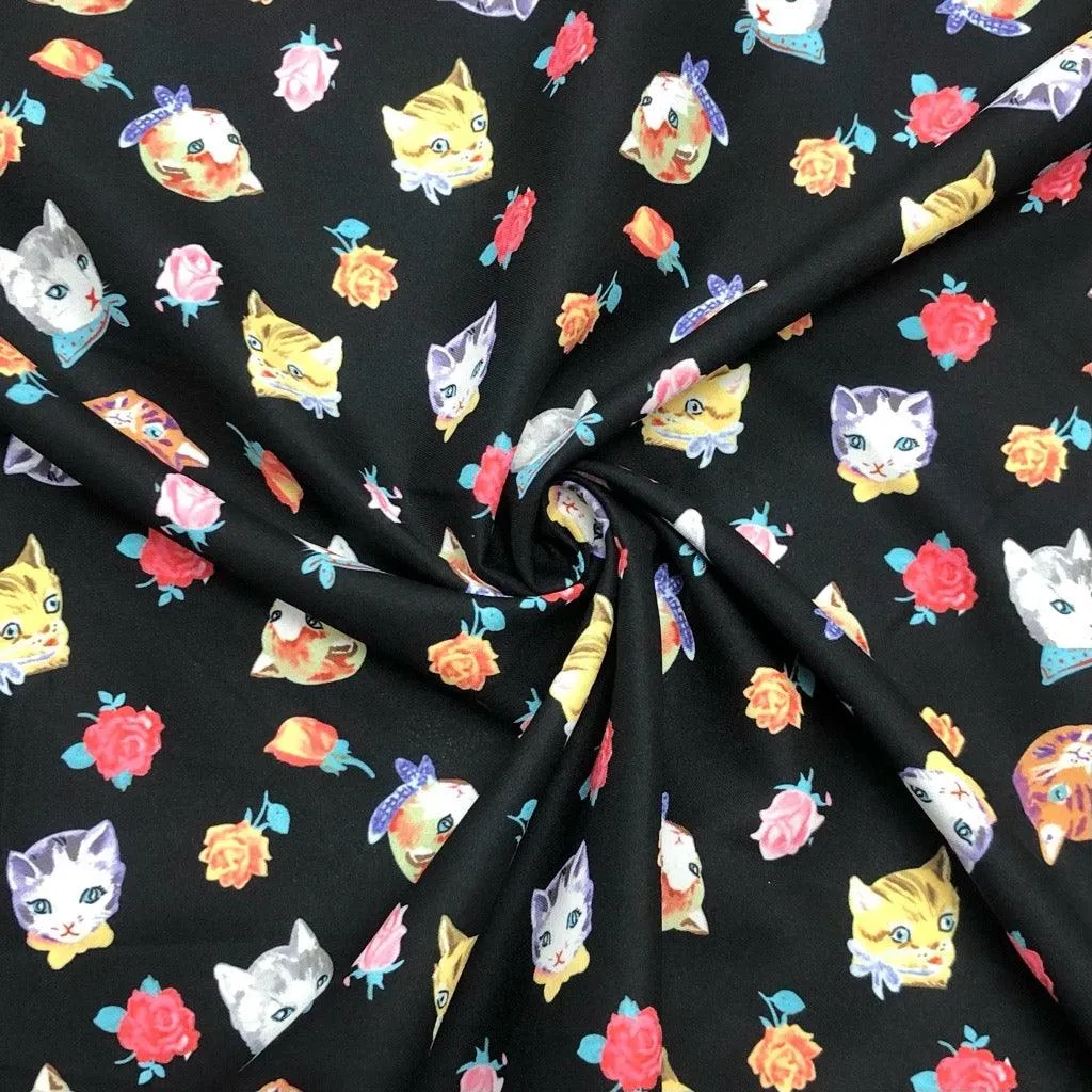 Cats and Roses on Black Cotton-Touch Polyester Fabric