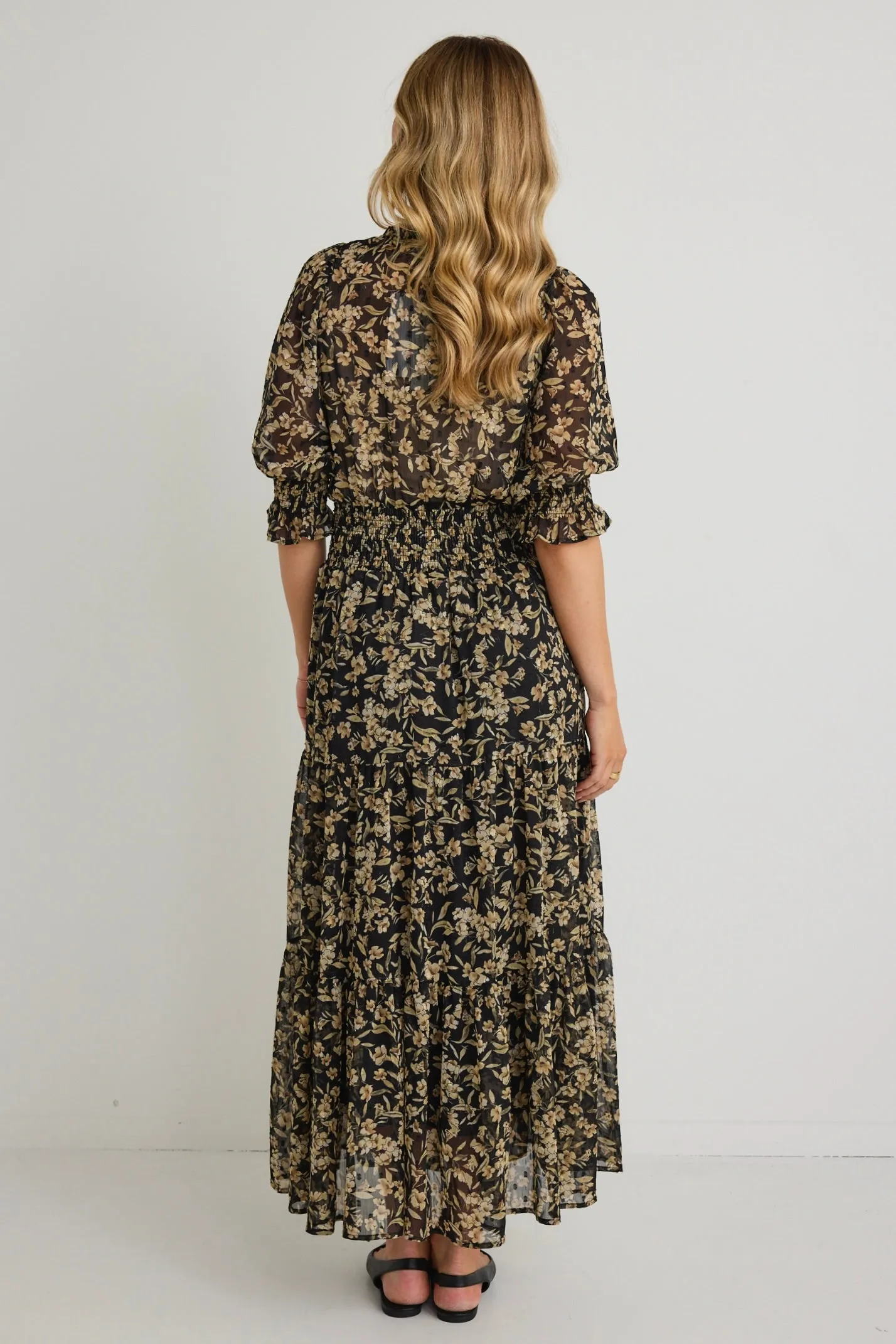 Charlie Black Gold Floral SS V Neck Tiered Midi Dress