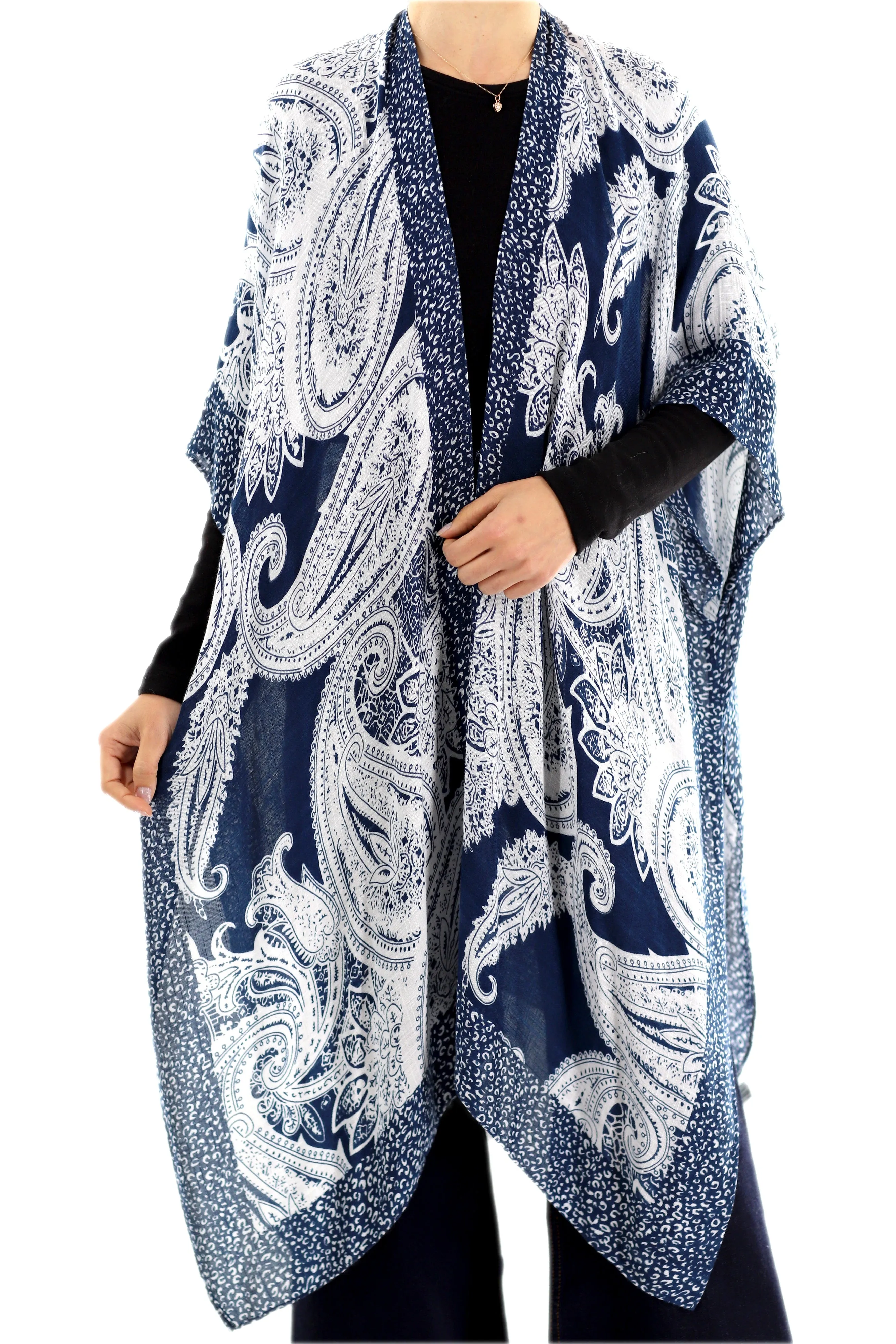 Classic Spring Kimono - Navy Blue Paisley Design - One Size (40x75in)