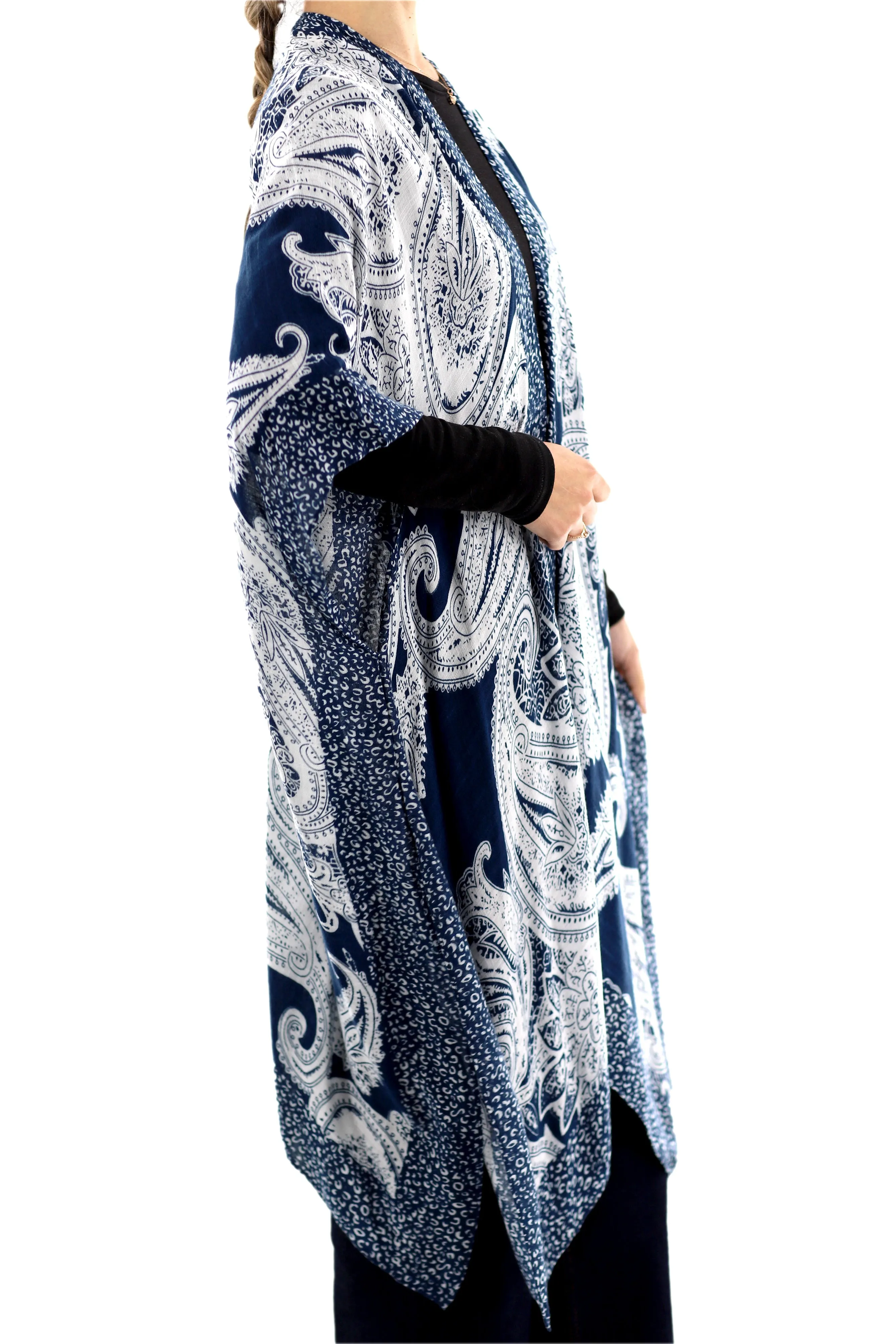 Classic Spring Kimono - Navy Blue Paisley Design - One Size (40x75in)