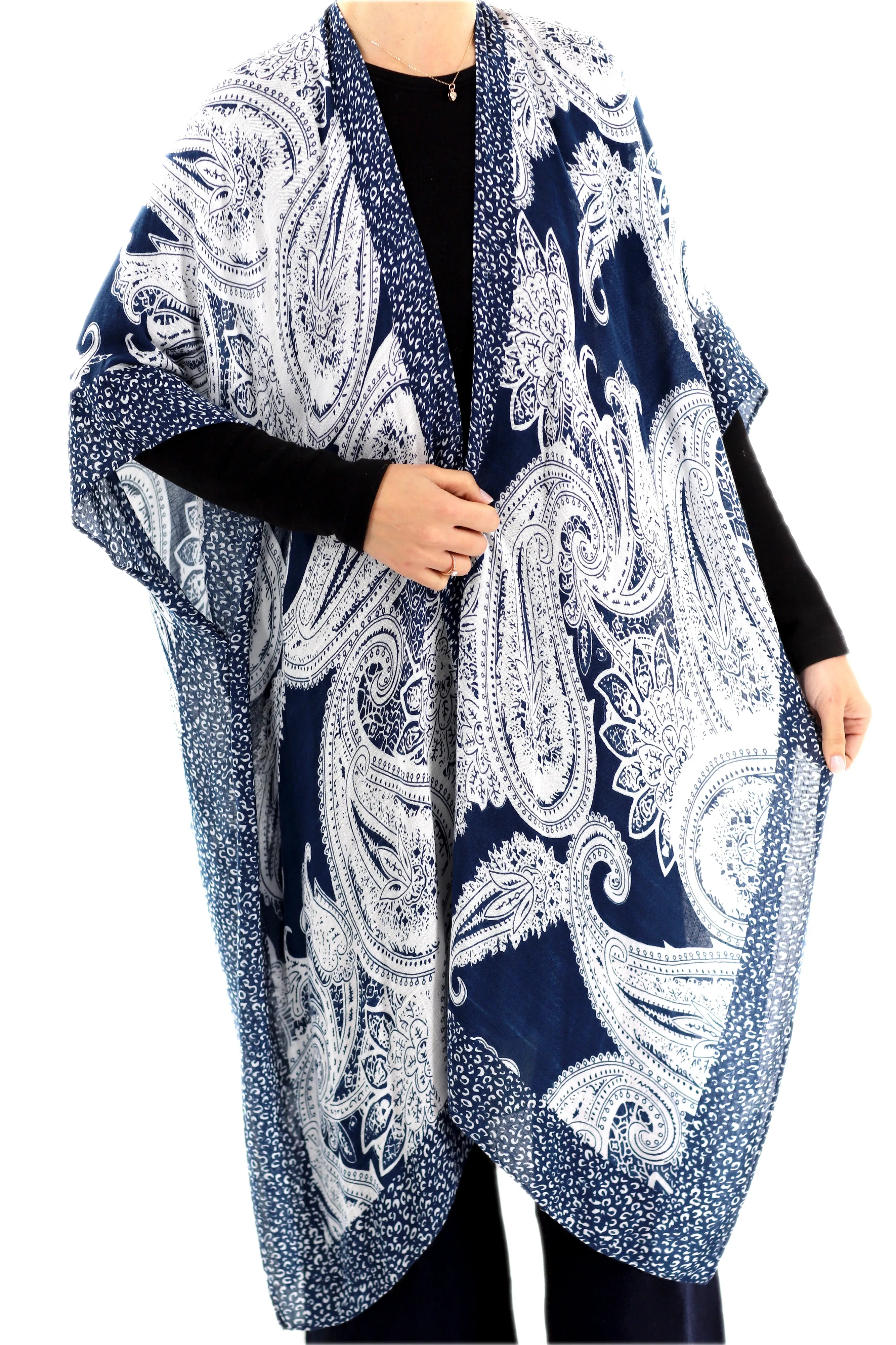 Classic Spring Kimono - Navy Blue Paisley Design - One Size (40x75in)