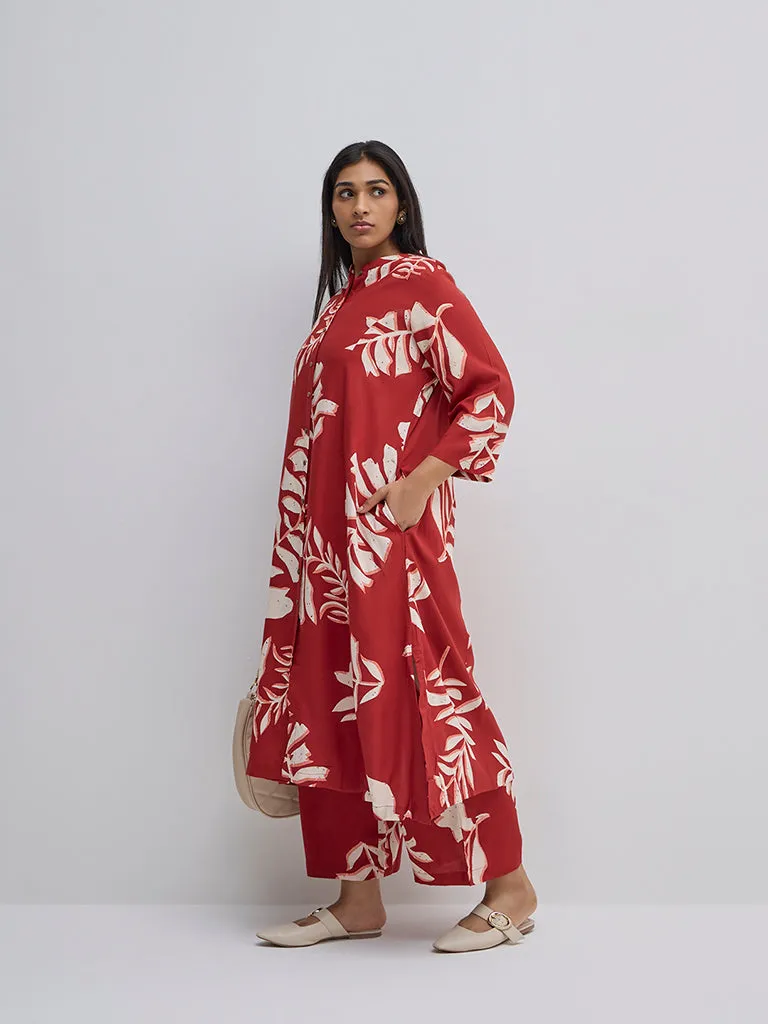 Diza Red Leaf Printed High-Rise Ethnic Pants